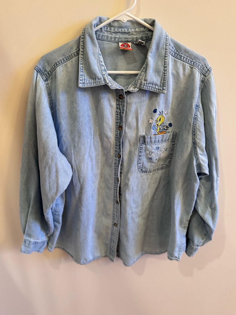 VTG Tweety Bird 1999 Women's Denim Shirt 22-24 Cotton Looney Tunes Cottage Y2K